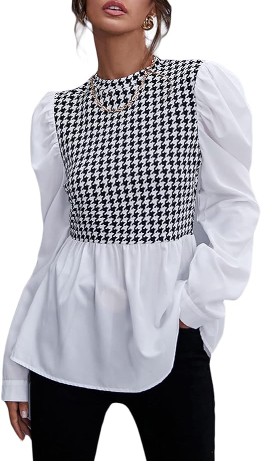 Women Elegant Houndstooth Shirt Fashion Ruffle Stitching Fluffy Long Sleeve Top