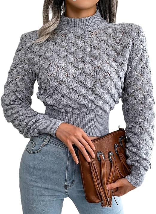 Women Casual Hollow Out Long Sleeve Knitted Pullovers And Sweaters Crop Top