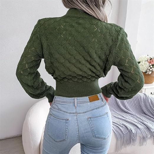 Women Casual Hollow Out Long Sleeve Knitted Pullovers And Sweaters Crop Top