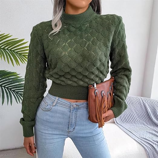 Women Casual Hollow Out Long Sleeve Knitted Pullovers And Sweaters Crop Top