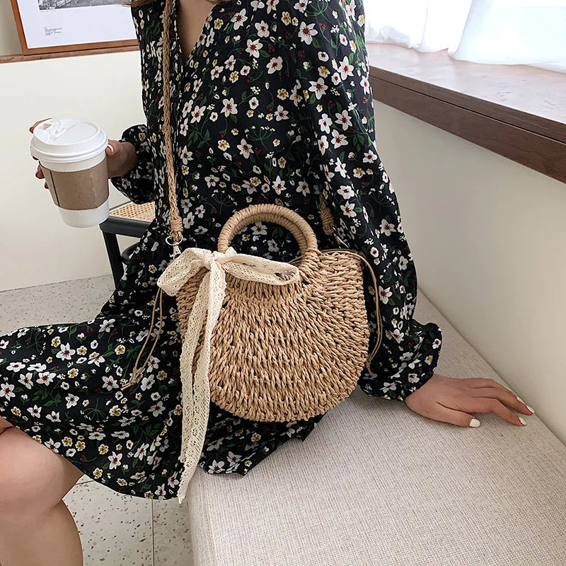 Hand-Woven Moon Shape Straw Bag