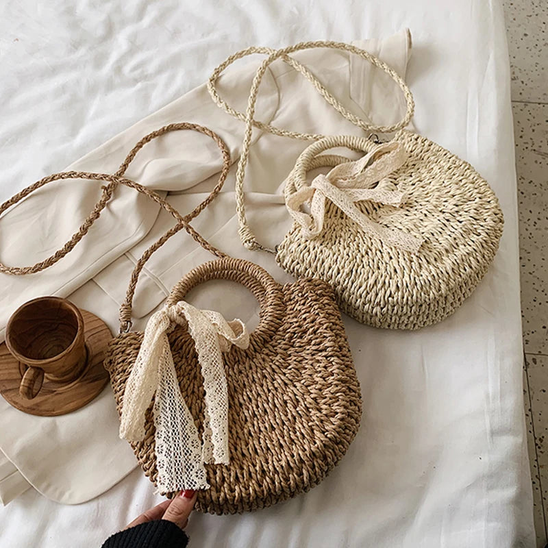 Hand-Woven Moon Shape Straw Bag