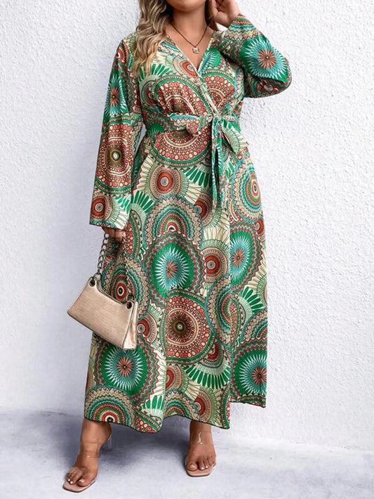 Plus Size Geometric Printed V-Neck Belted Dress