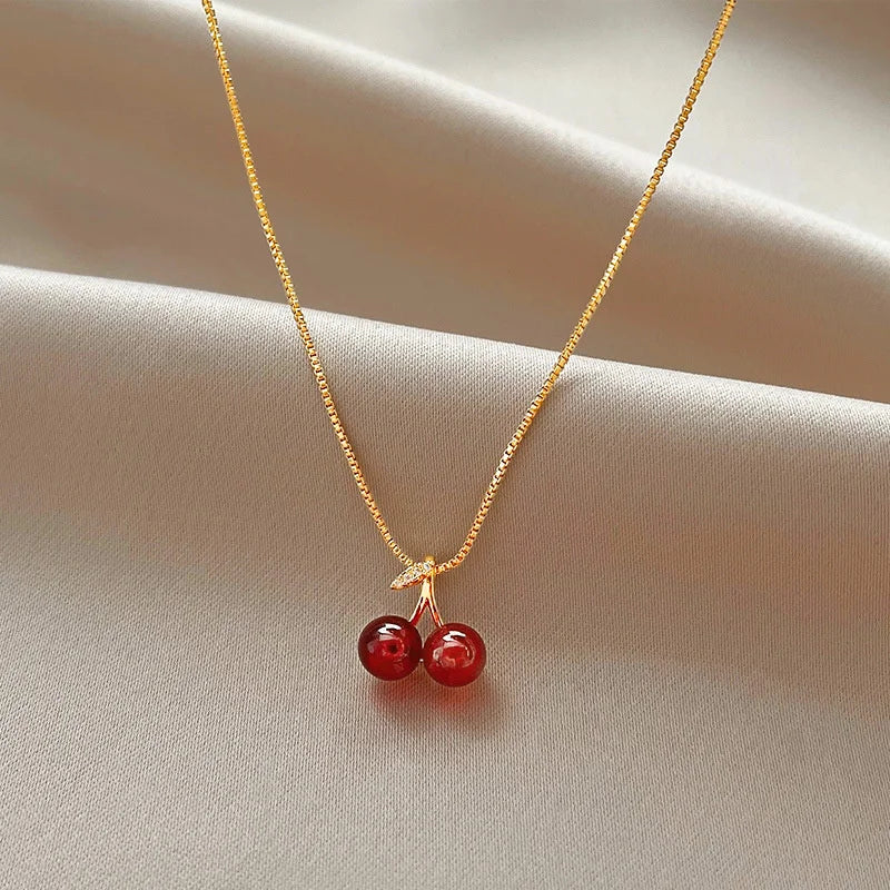 Wine Red Cherry Gold Pendant Necklace