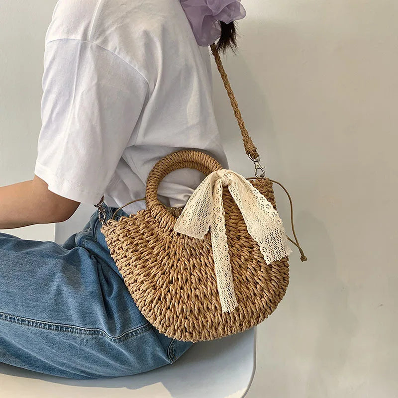 Hand-Woven Moon Shape Straw Bag