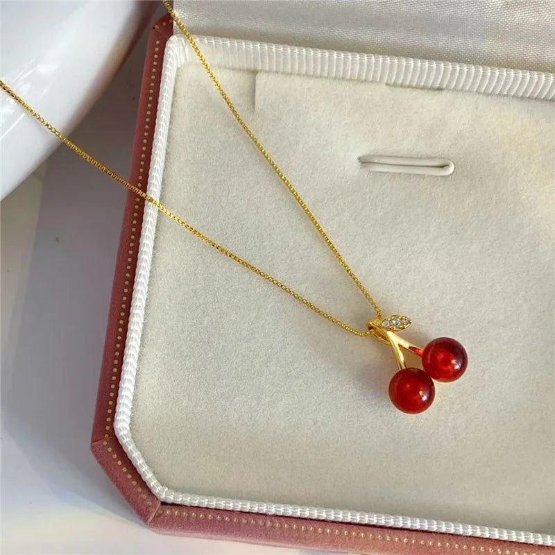 Wine Red Cherry Gold Pendant Necklace