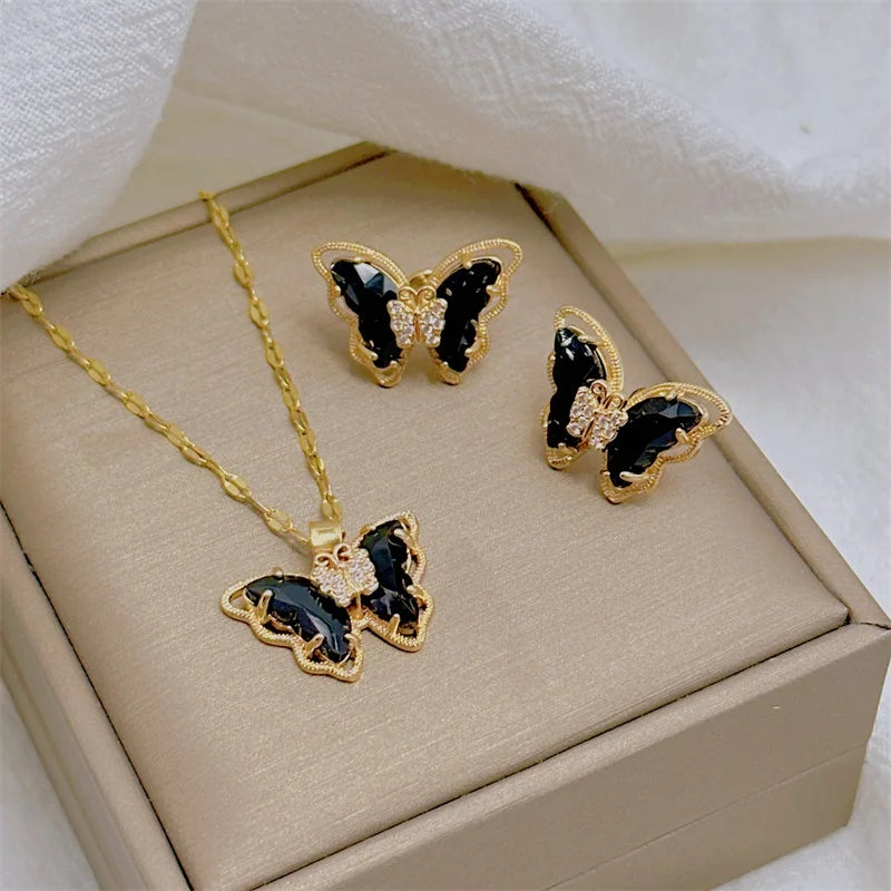 Cute Micro-Inlaid Butterfly Necklace & Earrings Set