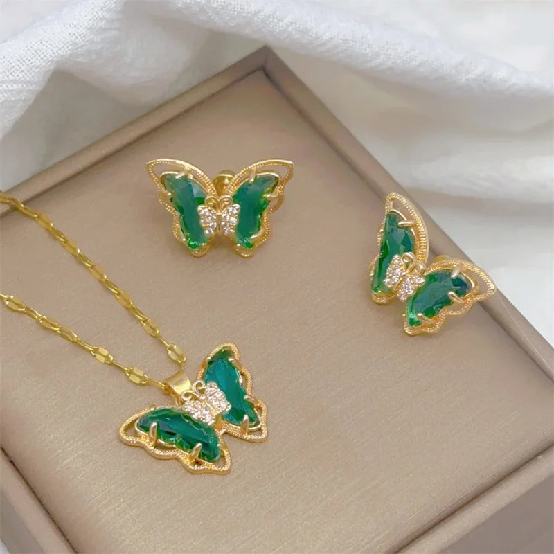 Cute Micro-Inlaid Butterfly Necklace & Earrings Set