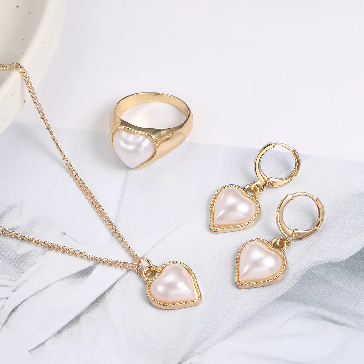 Elegant Pearl & Heart Ring 3-Piece Jewelry Set