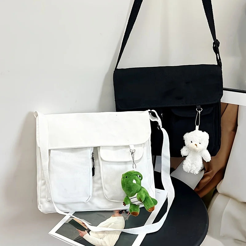 Canvas Shoulder Flap Bag with Fuzzy Bear