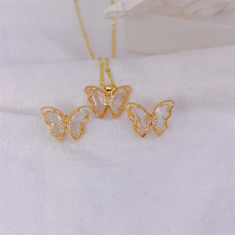 Cute Micro-Inlaid Butterfly Necklace & Earrings Set