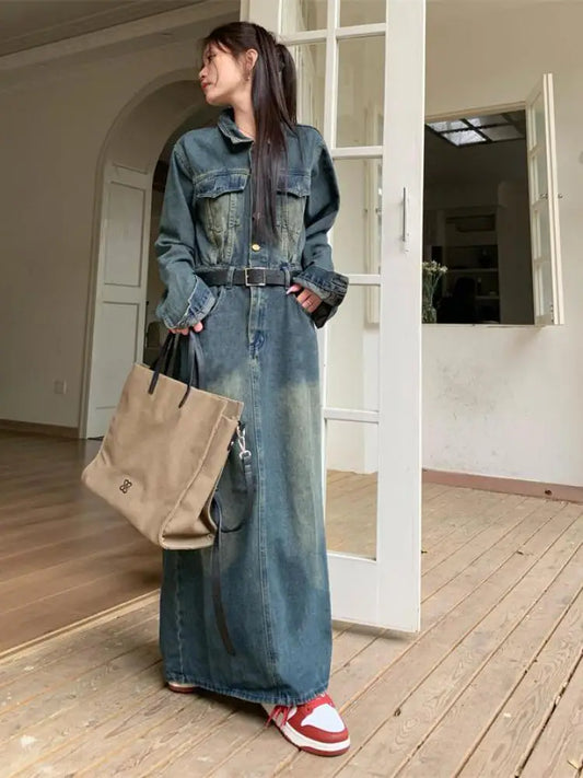 Retro Blue Denim Long Dress