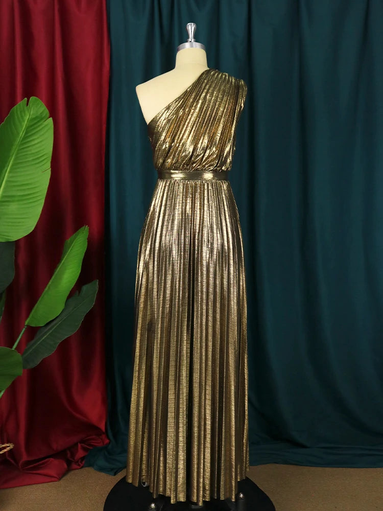 Luxury Maxi Long Metallic Pleated Dress