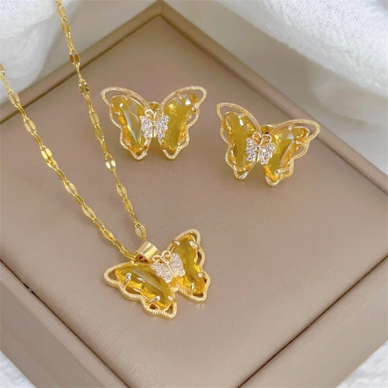 Cute Micro-Inlaid Butterfly Necklace & Earrings Set