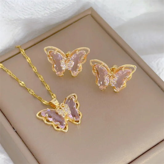 Cute Micro-Inlaid Butterfly Necklace & Earrings Set