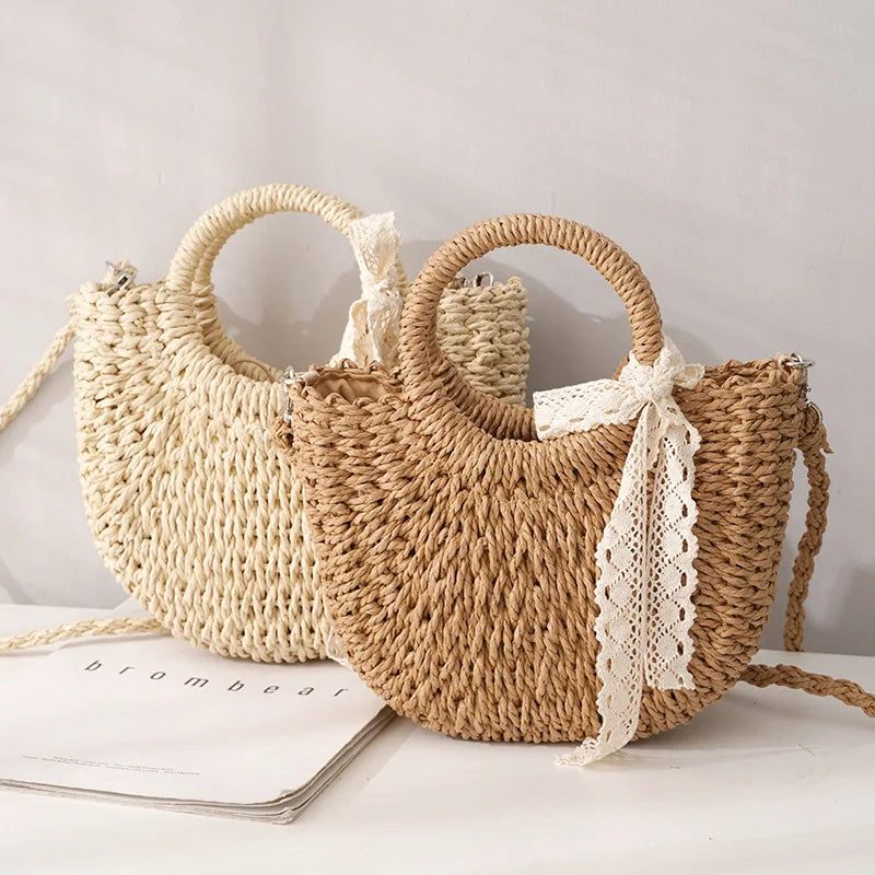 Hand-Woven Moon Shape Straw Bag