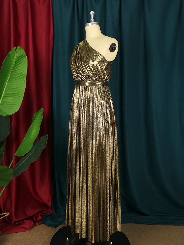 Luxury Maxi Long Metallic Pleated Dress