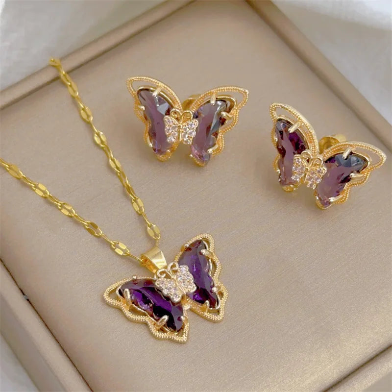 Cute Micro-Inlaid Butterfly Necklace & Earrings Set