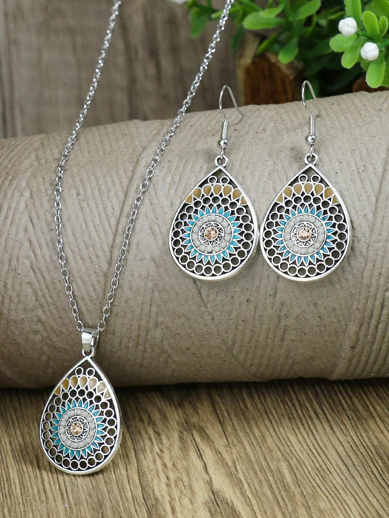 Droplet Hollow Colored Glazed Earrings & Necklace Set