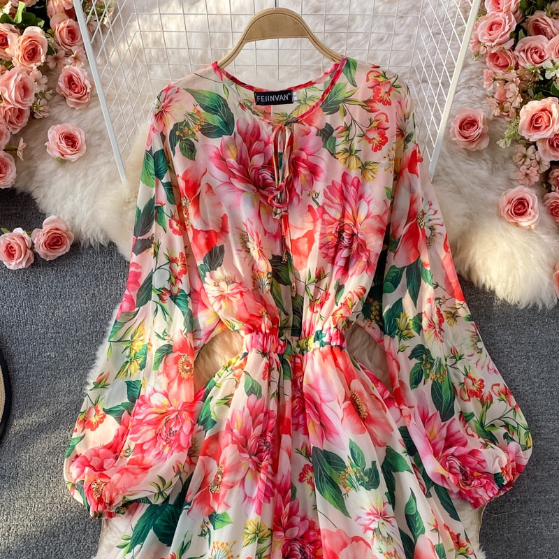 Elegant Bat Sleeve Rose Print Bohemian Long Maxi Dress