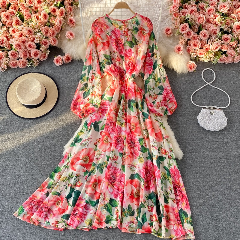 Elegant Bat Sleeve Rose Print Bohemian Long Maxi Dress