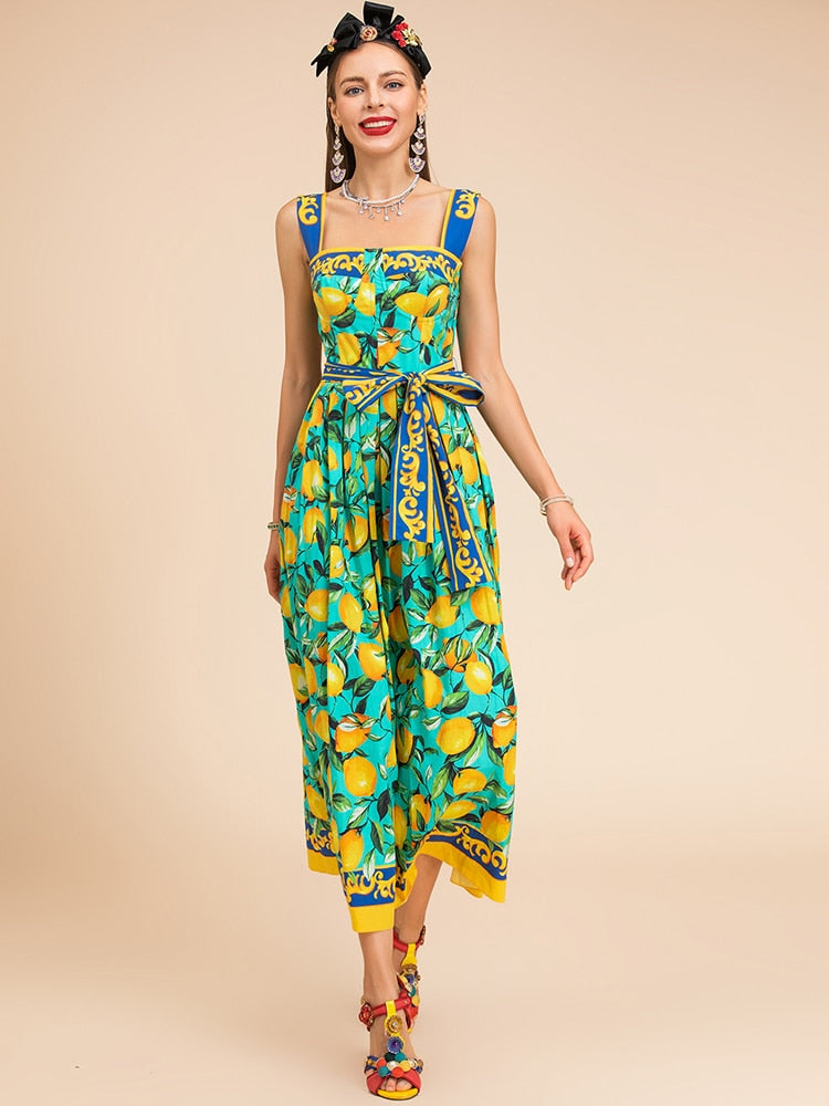 Spaghetti Strap Belted Lemon Print Dress